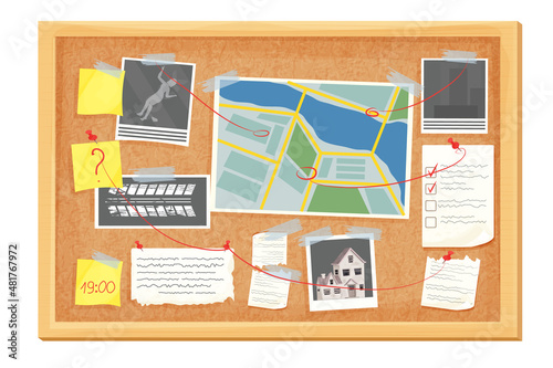 Detective investigation cork board, work place in cartoon style isolated on white background. Mystery photo, map, police mind plan 