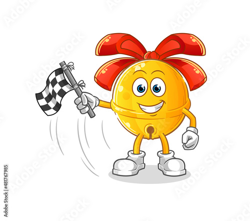 jingle bell hold finish flag. cartoon mascot vector