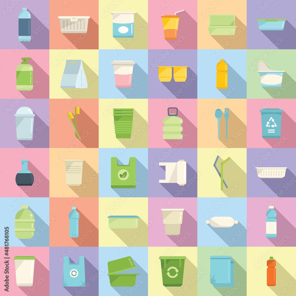 Biodegradable plastic icons set flat vector. Trash bag Biodegradable plastic icons set flat vector. Trash bag