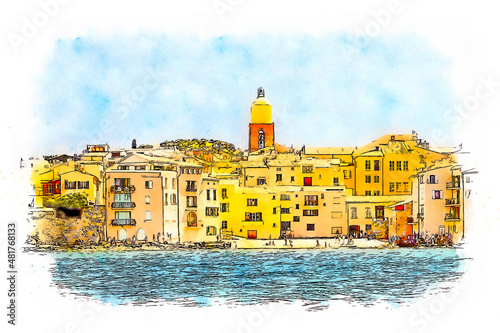 Provence landscape Saint Tropez village, watercolor sketch illustration. photo