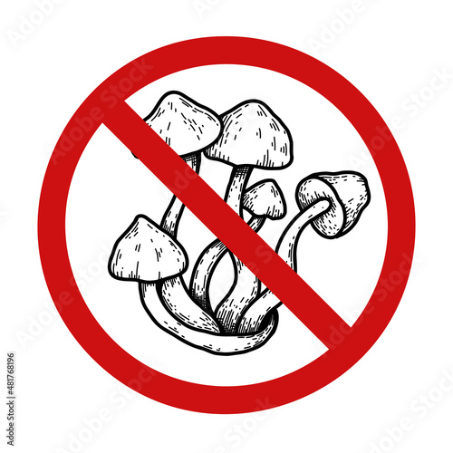 Vector prohibition sign with false mushrooms. Do not pick poisonous mushroom. Danger of being poisoned. Fungus sketch with hatching in forbidden sign for logos and icons