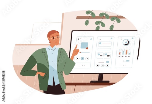 UX UI designer work at website interface. Person at computer screen during web design development. Developer presenting online platform layout. Flat vector illustration isolated on white background