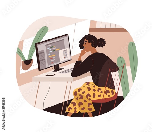 Person work at computer. Coder developing software at desktop. Information technology developer at desk. Web designer working with interfaces at workplace. Flat vector illustration isolated on white
