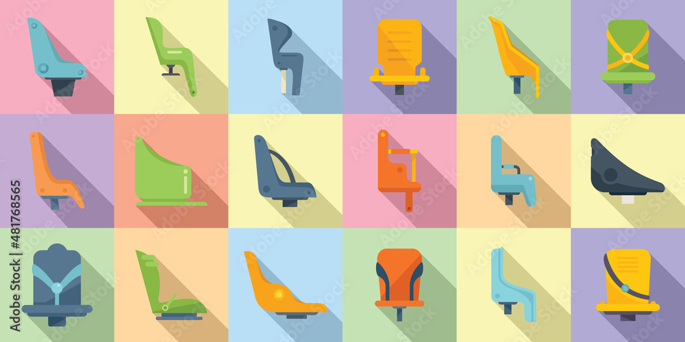 Child seat bike icons set flat vector. Adult bicycle Child seat bike icons set flat vector. Adult bicycle