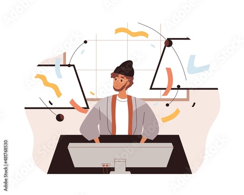Creator work at computer. Creative digital artist at PC desk. Art director at desktop. Motion designer at workplace, creating and designing. Flat vector illustration isolated on white background
