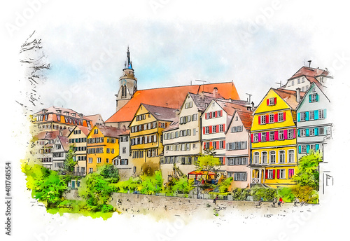 The Neckarfront is one of the most famous places and a heritage tourist attraction in Tübingen, Germany. It is an ensemble of multi storey, gabled residential buildings, watercolor sketch illustration