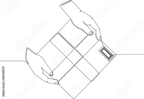 Simple continuous line drawing of a package delivery person hands over a package purchased by the owner. Delivery.