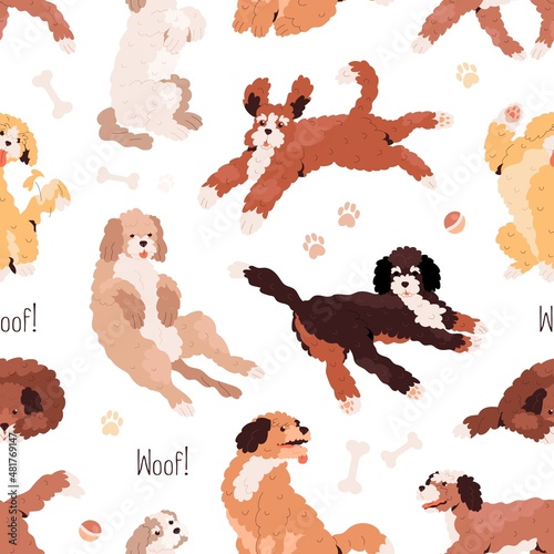 Cute dogs pattern. Seamless background with canine animals print. Repeating texture with labradoodle and goldendoodle puppies. Endless backdrop for decor and wrapping. Colored flat vector illustration