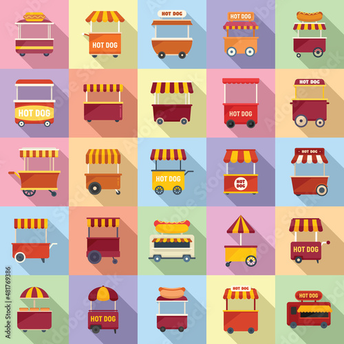 Hot dog cart icons set flat vector. Business food