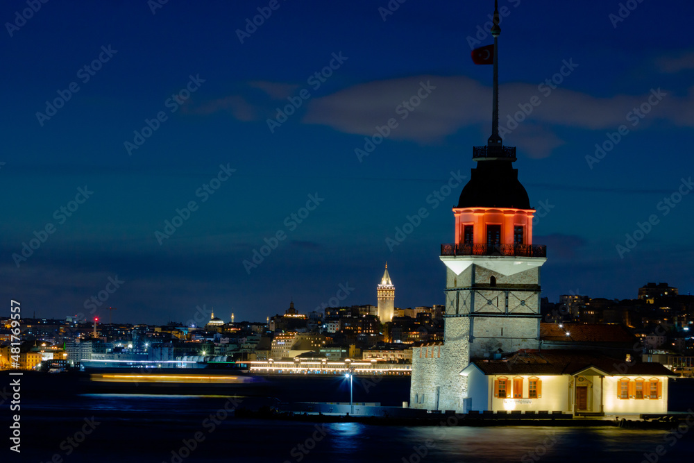 Kiz Kulesi or Maiden's Tower at night. Landmark of Istanbul