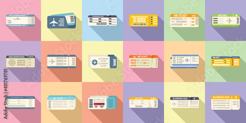 Airline tickets icons set flat vector. Travel trip