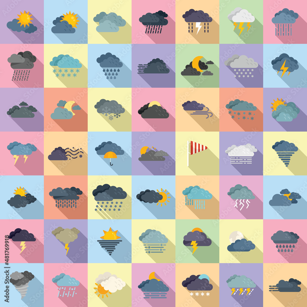 Cloudy weather icons set flat vector. Climate air