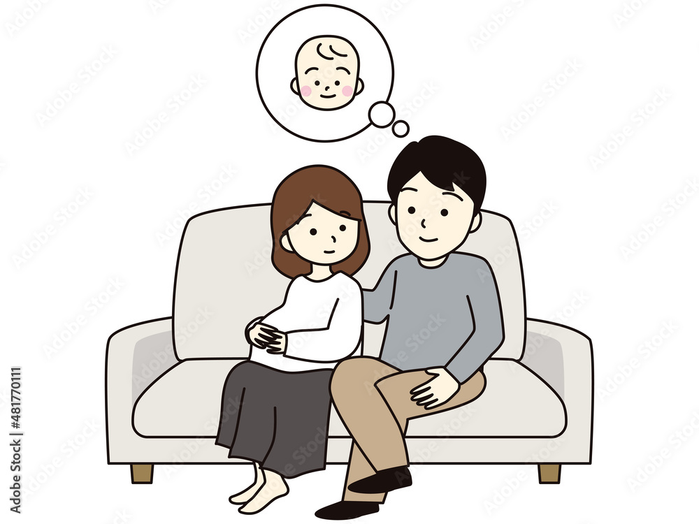 ソファーに座って赤ちゃんのことを考える夫婦　妊婦