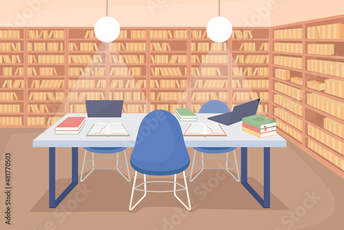 School library space flat color vector illustration. College room with bookcases. Desk for reading. Educational space for studying with books 2D cartoon interior with bookshelves row on background