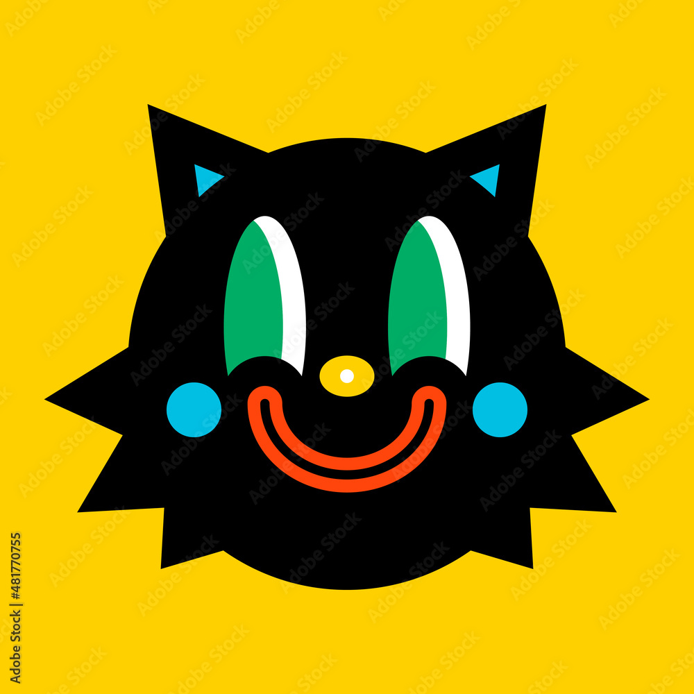Black crazy cat, face with smile. Abstract funny cute comic character. Color vector trendy illustration face isolated on a yellow background. Cartoon style, flat design. For prints, logo, card. Black crazy cat, face with smile. Abstract funny cute comic character. Color vector trendy illustration face isolated on a yellow background. Cartoon style, flat design. For prints, logo, card.