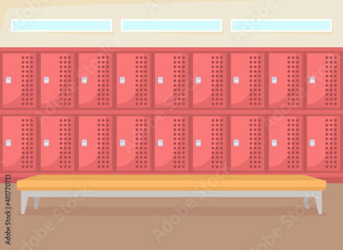 Row of school lockers flat color vector illustration. Corridor with benches. Closet space for gym class. Tidy wardrobe area 2D cartoon interior with closed storage shelves on background