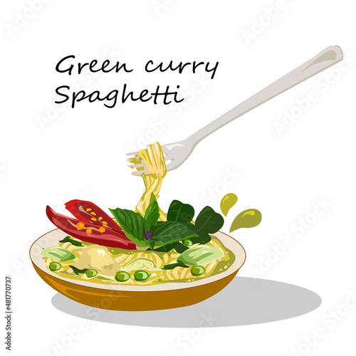 Green Curry Spaghetti (Spaghetti Sauce Gang Kieaw Wan) Delicious Thai fusion food.