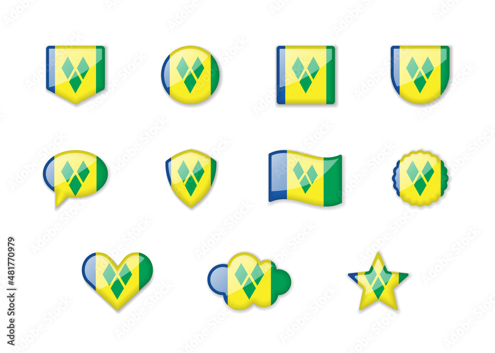Saint Vincent and the Grenadines - set of shiny flags of different shapes.