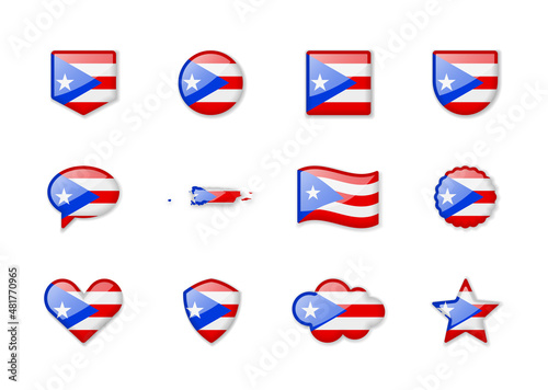 Puerto Rico - set of shiny flags of different shapes.