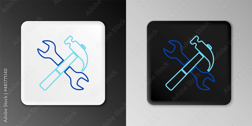Line Crossed hammer and wrench icon isolated on grey background. Hardware tools. Colorful outline concept. Vector Line Crossed hammer and wrench icon isolated on grey background. Hardware tools. Colorful outline concept. Vector