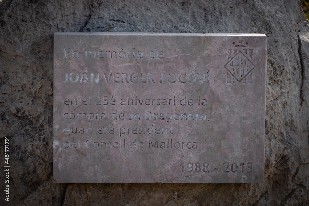 plaque commemorating the purchase of the island, Sa Dragonera natural park, Mallorca, Balearic Islands, Spain