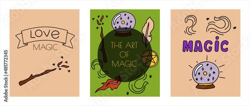 Magic hand drawn doodle banners. Vector icons of magic items. Collection halloween elements. Magic broom, potions, fortune-telling cards, runes, books, magic wand, hourglass