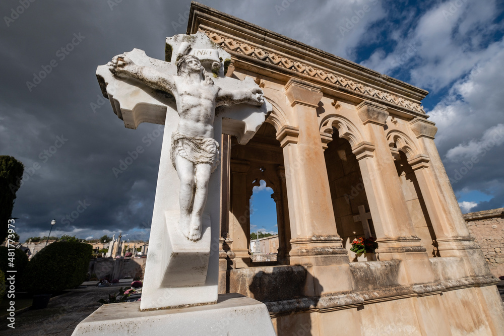 marble cross on the tomb of the Malondra Ferragut family, Santa Margalida cemetery, Mallorca, Balearic Islands, Spain