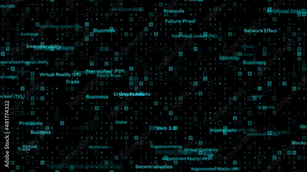 Web 3.0 metaverse related words futuristic binary background repeat in perfect loop Web 3.0 metaverse related words futuristic binary background repeat in perfect loop