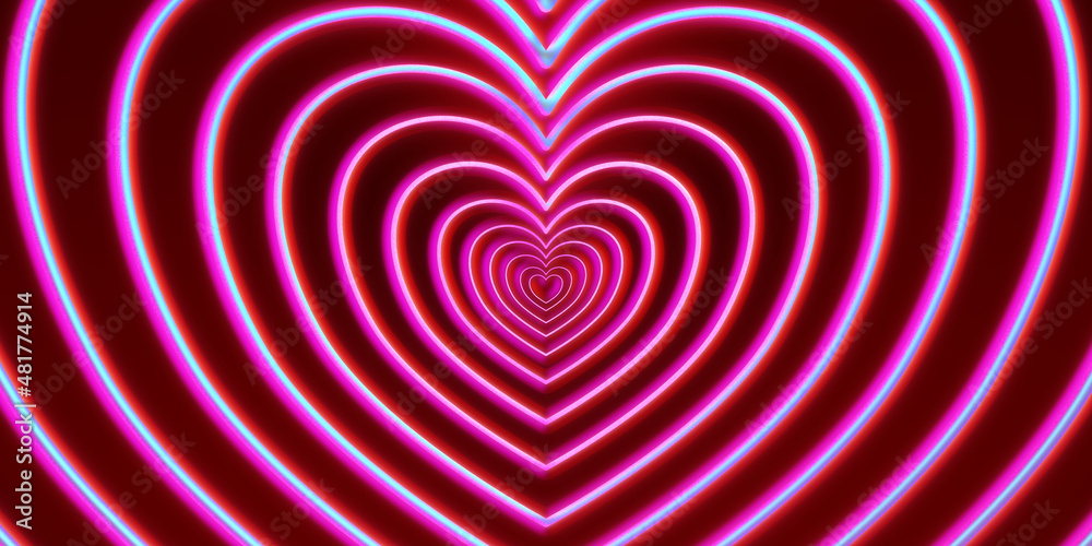 Big heart, collection red pink glowing neon. Many hearts path on a black  background. Valentine's day,