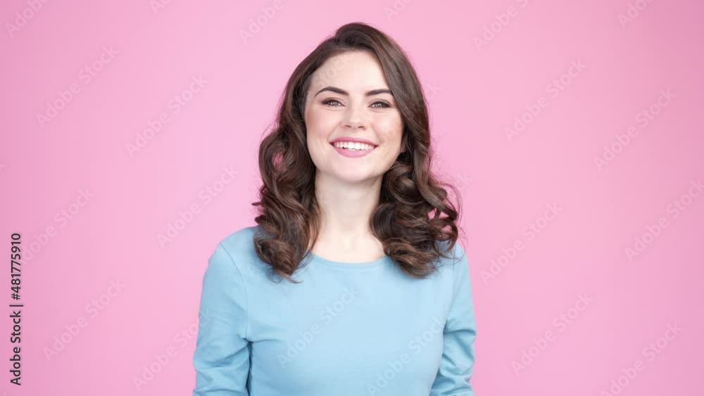 Sweet pretty lady make ok symbol ads isolated pastel color background Sweet pretty lady make ok symbol ads isolated pastel color background