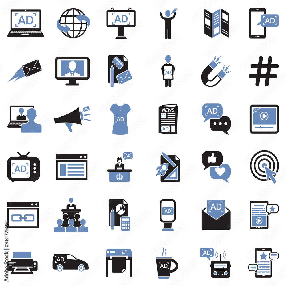 Advertising Icons. Two Tone Flat Design. Vector Illustration. Advertising Icons. Two Tone Flat Design. Vector Illustration.