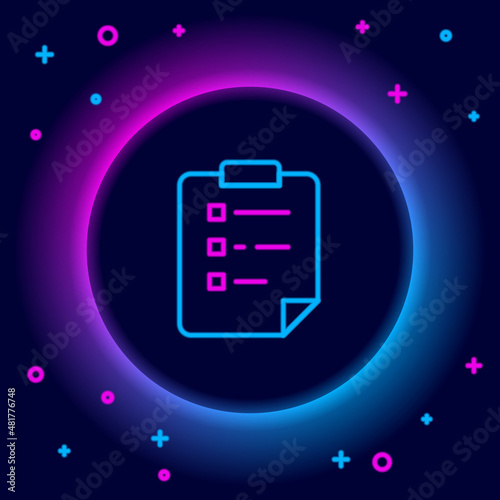 Glowing neon line Clipboard with checklist icon isolated on black background. Control list symbol. Survey poll or questionnaire feedback form. Colorful outline concept. Vector