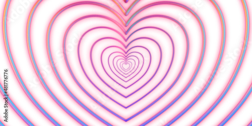 Big heart, rainbow pink glowing neon. Style of 80s, 90s, retro neon trend. Pulsating heart zoom radial ripple. Many hearts path, white background. Valentine's day, love, romance. Web poster. illusion