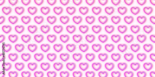 Small pink glowing neon hearts pattern. Many small hearts on a white background. Valentine's day, love, romance. Poster, banner, card, web. Style of 80s, 90s - retro neon trend. 