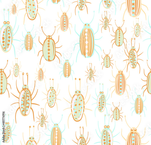 
Stylish vector seamless pattern with hand drawn beetles. Ornament with repeating insects for printing on fabrics, paper and various souvenirs