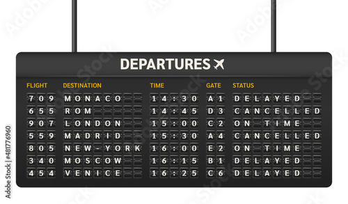 Realistic equipment board template for departures and arrivals flight.