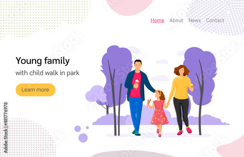Young family with kid walk in park, eat ice cream