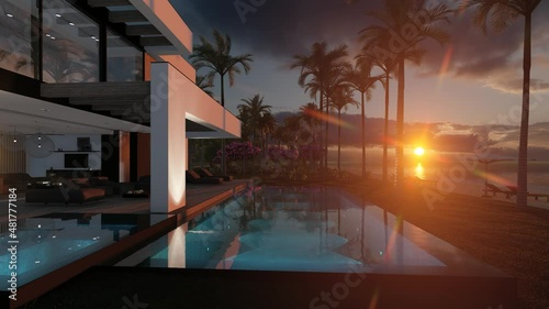 4K video rendering of modern cozy house with pool and parking for sale or rent in luxurious style by the sea or ocean. Sunset evening by the coast with palm and flowers in tropical island Fly-walk