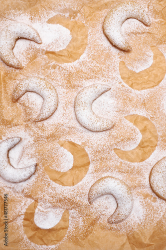 Traditional German or Austrian Vanillekipferl vanilla kipferl cookies isolated on white background