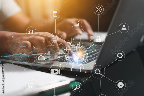 Konstfotografi Technology concept Ai business man working through a laptop showing graphics ico