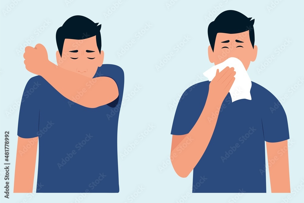 Fototapeta premium Sick man sneezes into the elbow, handkerchief. How to sneeze right. Seasonal allergies.Virus prevention spread. Flat vector illustration.