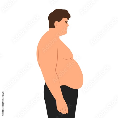 Man in profile with   overweight. Problems with excess weight. The concept of bad eating habits, gluttony, obesity and unhealthy eating. Vector illustration