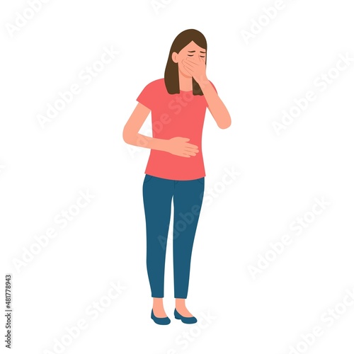 The woman suffers from nausea. Nausea during pregnancy, vomiting. Symptom of illness, health problems. Poisoning,Abdominal pain.Isolated flat vector illustration