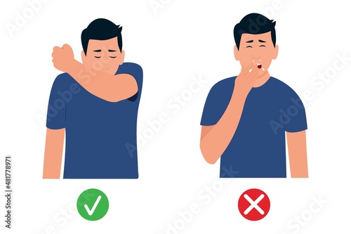Male character sneezes in elbow .The man does not cover his mouth before sneezing. How to sneeze right. Virus prevention spread. Flat vector illustration.