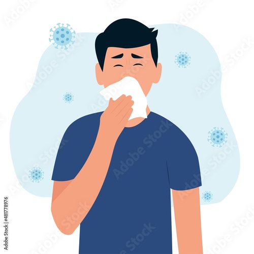 Man sneezes and uses paper napkin. How to sneeze right. Virus prevention spread. Flat vector illustration.Seasonal allergies. Healthcare concept.