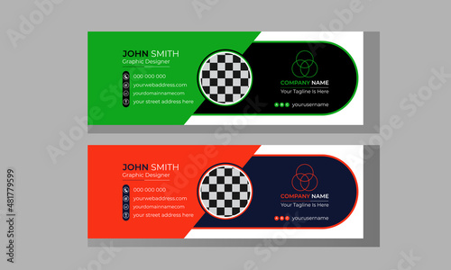 Modern and creative business email signature for corporate with two-color shape design, orange and green color email signature, Email signature with an author photo place modern and minimal layout