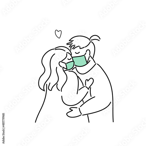 Plus Size, overweight Couple in love wearing medical mask, hand draw doodle cartoon flat vector illustration for valentine's day concept.