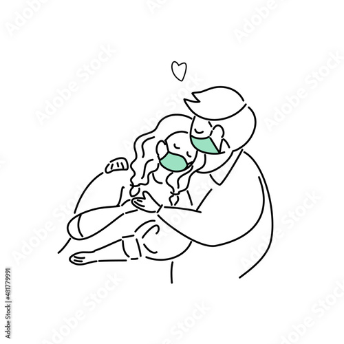 Plus Size, overweight Couple in love wearing medical mask, hand draw doodle cartoon flat vector illustration for valentine's day concept.