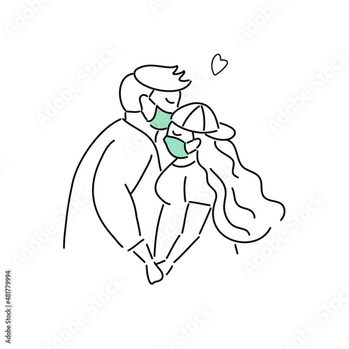 Plus Size, overweight Couple in love wearing medical mask, hand draw doodle cartoon flat vector illustration for valentine's day concept.