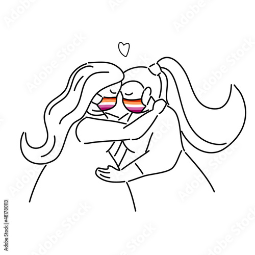 Plus Size, overweight Couple woman in love wearing lesbian flag color mask, hand draw doodle cartoon flat vector illustration for valentine's day concept.